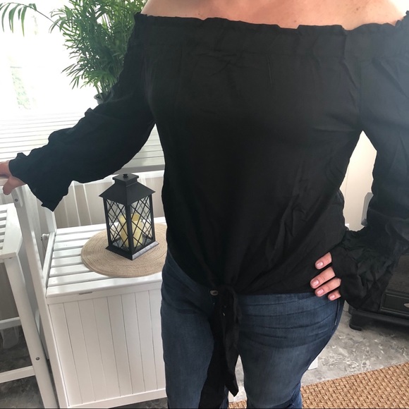 Plus Size! Tie Front Bell Sleeve Off Shoulder Top - Picture 2 of 5